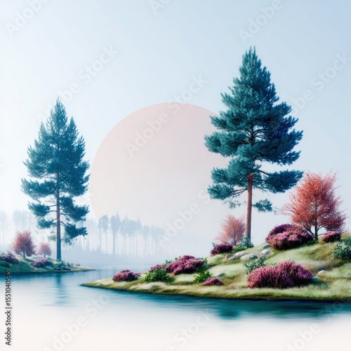 Ethereal Sunrise Landscape with Pine Trees and Misty Water