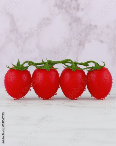 Four Red Cherry Tomatoes on Vine on Marble Surface