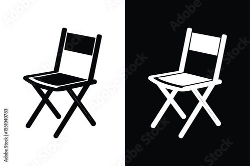 Flat Folding Chair Silhouette. Vector Icon on Black White Background
