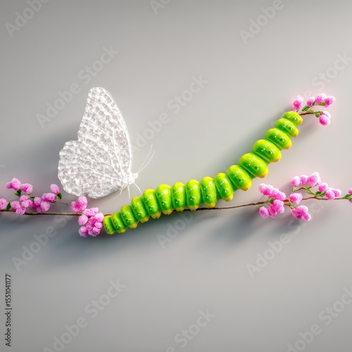 Green Caterpillar Transforming into White Butterfly on Pink Flowers