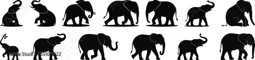 Vector silhouettes of elephants including young ones in playful and standing poses with large ears and trunks