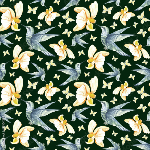 Flying hummingbird with yellow orchid flowers and butterflies watercolor illustration. Hand drawn seamless pattern with tropical phalaenopsis and bird. Botanical template for jungle exotic background.