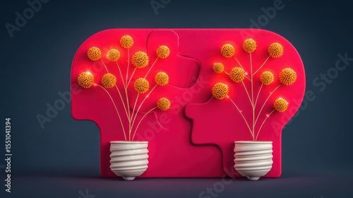 Interlocking Red Puzzle Pieces Representing Ideas with Glowing Yellow Bulbs