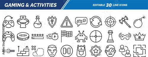 Line icons of gaming features like avatars, controls, targeting, defense shields, badges, bombs, achievements, zombies, and virtual crowns.