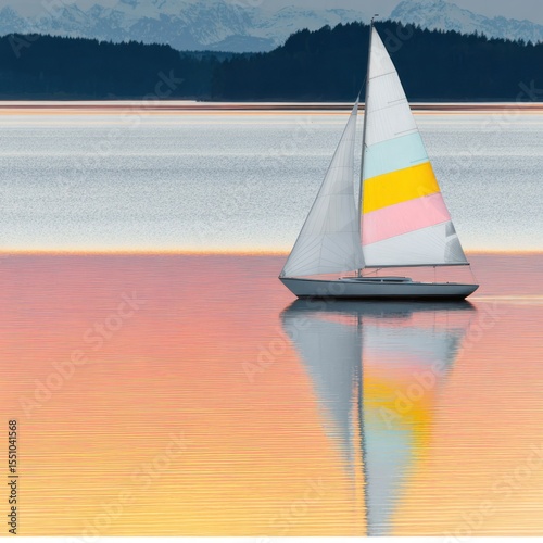 Lone Sailboat on Calm Lake at Sunset with Mountain Background