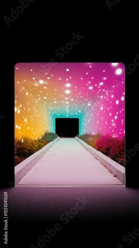 Luminous Tunnel Entrance with Pink Yellow and Blue Glowing Stars