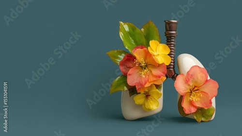 Lungs Anatomy with Delicate Orange and Yellow Flowers on Teal Background