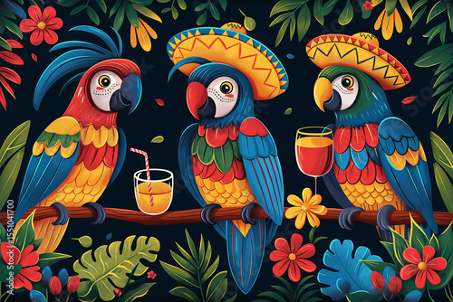 Mexican Parrot Party: Colorful Parrots in Sombreros Drinking, with Floral and Tropical Leaf Decoration on Branch.