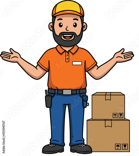Friendly delivery man with beard in orange uniform and cap, standing with open arms near cardboard boxes, courier service concept, flat cartoon vector illustration