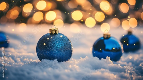 Blue Christmas baubles on snown