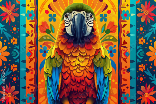 Striking Parrot Portrait with Decorative Ethnic Floral and Stripe Elements.