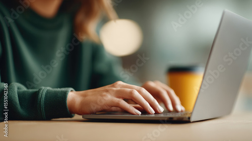 Typing on laptop in cozy workspace modern office lifestyle content indoor environment close-up view focused productivity scene