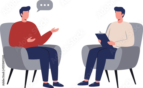 Psychologist consulting patient during therapy session, mental health support illustration, counseling conversation in office, emotional wellness care, psychologist and client cartoon vector graphic