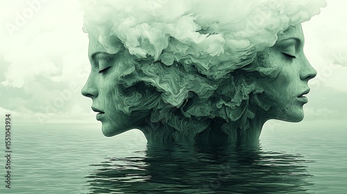 Surreal Abstract Art Two Female Faces Emerging from Ocean Waves Dreamlike Green Tone