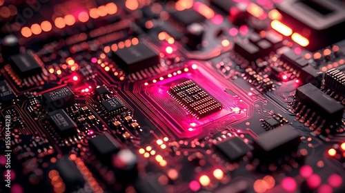 High Resolution Close up of Illuminated Circuit Board with Central Processing Unit Technology