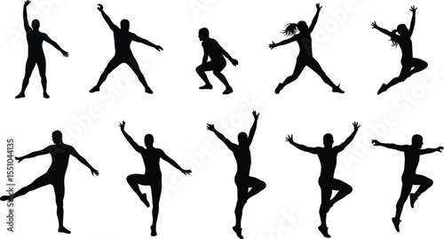 Silhouette of dancers in various jump poses, performing modern dance movements, black shadow figures, expressive body motion concept, isolated on white background, vector illustration