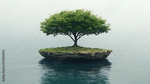 Solitary Tree on a Small Island in Calm Water Serene Nature Scene Tranquil Landscape Photography