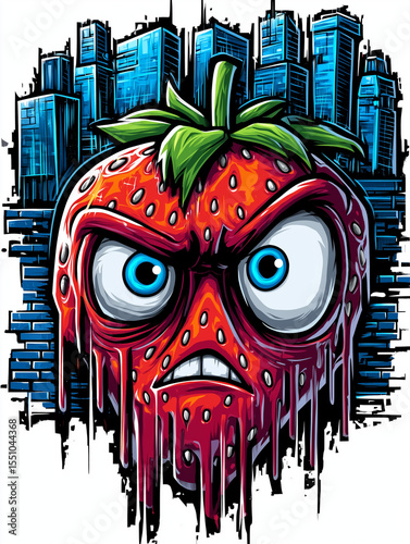 Angry cartoon strawberry with blue eyes melting in front of urban city skyline, vibrant graffiti street art style.