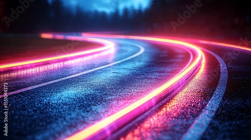 Neon Glowing Lines on Wet Asphalt Road at Night Abstract Curving Pathway