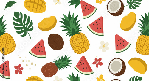 Seamless vector pattern of tropical fruits ; watermelon, pineapple, mango, and coconut, summer leaves and flowers - summer fruits concept, colorful flat design