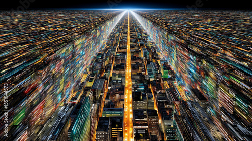 Vibrant futuristic cityscape with neon lights and endless perspective, glowing buildings, and dynamic light trails at night.