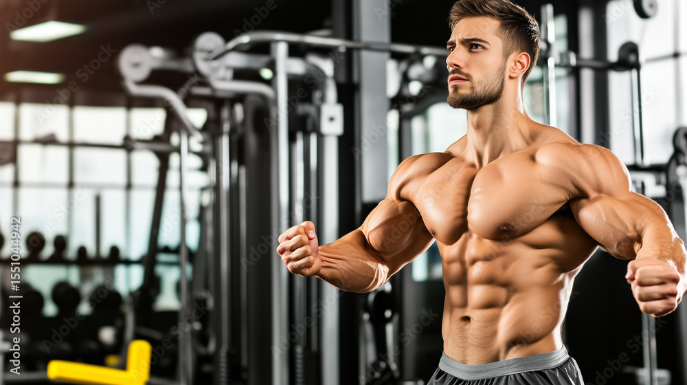 Naklejka premium Muscular man focused on intense workout, side-lit face showing determination -- Strength and discipline in motion