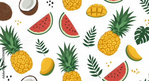 Seamless vector pattern of tropical fruits ; watermelon, pineapple, mango, and coconut, summer leaves and flowers - summer fruits concept, colorful flat design