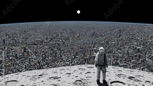 Astronaut standing on a cratered surface overlooking an endless futuristic cityscape under a dark sky with a distant glowing moon.