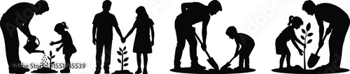 Silhouette vector illustrations of parents and children watering and planting trees together in eco activities