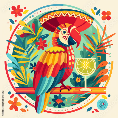 Festive Tropical Fiesta Art: An Illustrated Parrot with Mexican Elements for a Fun, Cultural Celebration.