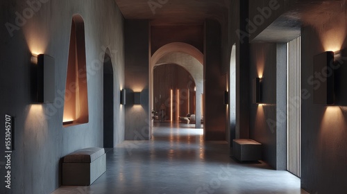 Simple yet inviting entry hall with gray surfaces and earth-tone lighting for warmth