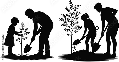 Silhouette vector figures of father and daughter planting trees and digging soil as an environmental act