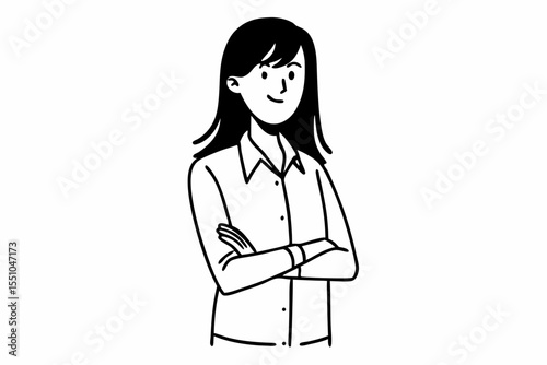Cheerful brunette business woman student in white button up shirt, smiling confident and cheerful with arms folded, isolated on a white background