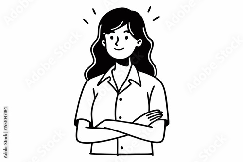 Cheerful brunette business woman student in white button up shirt, smiling confident and cheerful with arms folded, isolated on a white background
