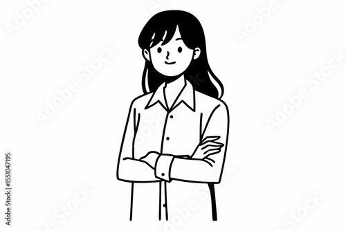 Cheerful brunette business woman student in white button up shirt, smiling confident and cheerful with arms folded, isolated on a white background