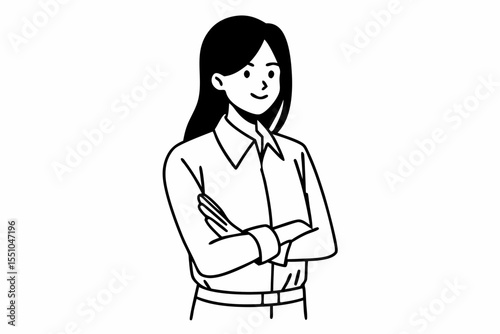 Cheerful brunette business woman student in white button up shirt, smiling confident and cheerful with arms folded, isolated on a white background