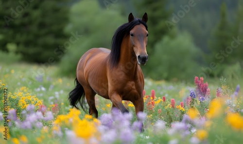 a horse, running through a beautiful field of colored flowers,Generative AI