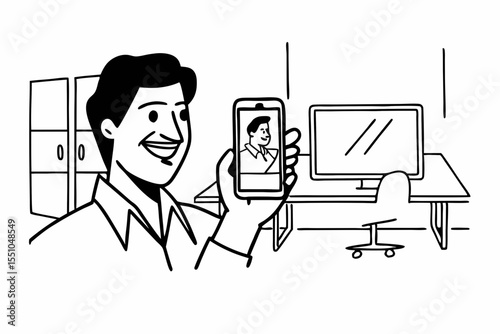 Close-up of smiling mature Latin or Indian businessman holding smartphone in office. Middle aged manager using cell phone mobile app. Digital technology application and solutions for business concept
