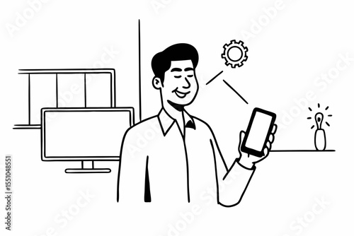 Close-up of smiling mature Latin or Indian businessman holding smartphone in office. Middle aged manager using cell phone mobile app. Digital technology application and solutions for business concept