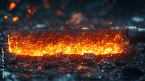 A glowing sword being forged in molten lava, showcasing the intense heat and craftsmanship in metalworking.