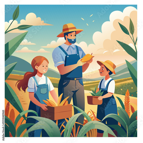father and Children Harvesting Corn in Farm Field