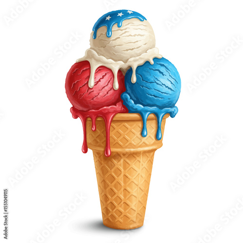 Patriotically Colored Ice Cream Cone with Melting Drips