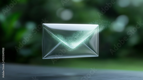 A modern transparent envelope glows against a blurred green backdrop, symbolizing digital communication and connection.