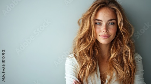 A beautiful woman with long, wavy hair poses confidently against a neutral background, showcasing natural beauty and elegance with a soft, inviting expression.