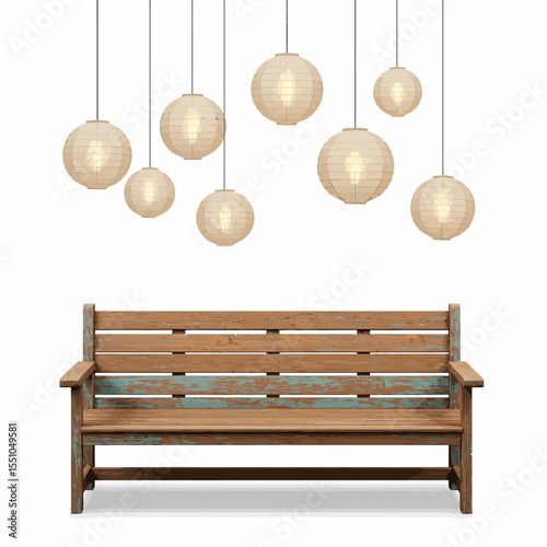 Rustic wooden bench beneath a cluster of illuminated paper lanterns on white