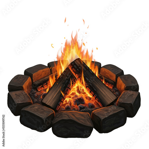 Vibrant Campfire in Stone Ring, Blazing Embers and Flames