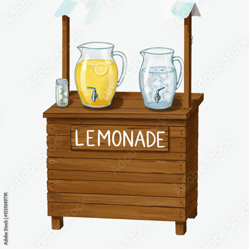 Rustic Wooden Lemonade Stand with Glass Pitchers and Ice
