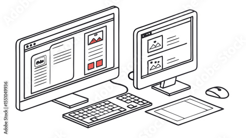 Vector mockup of a dual monitor desktop computer setup isolated on white background
