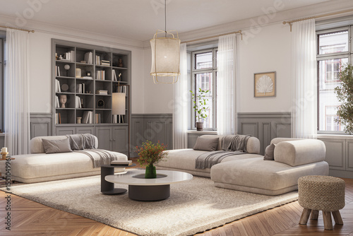 Φωτογραφία A stylish living room interior featuring modern designer furniture, wall panelin