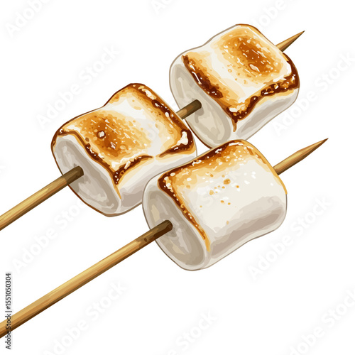 Toasted marshmallows on skewers, golden brown and white, isolated on white